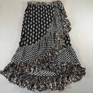 Christian Siriano Womens Small Mixed Print boho‎ Ruffle Wrap Maxi Skirt Black